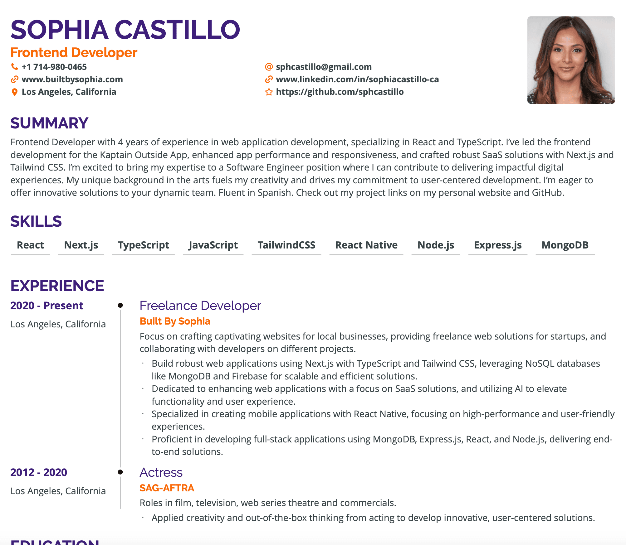 Sophia Castillo, Developer Resume