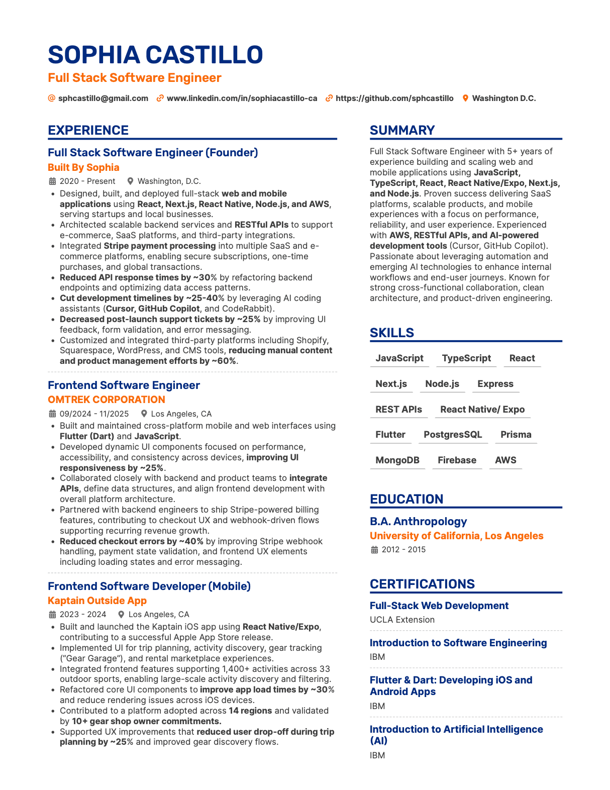 Sophia Castillo, Developer Resume